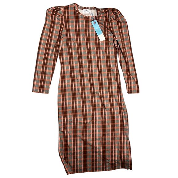 Tanya Taylor Burgundy Plaid Puff Sleeve Midi Dress Womens L Holiday Preppy - Picture 2 of 13